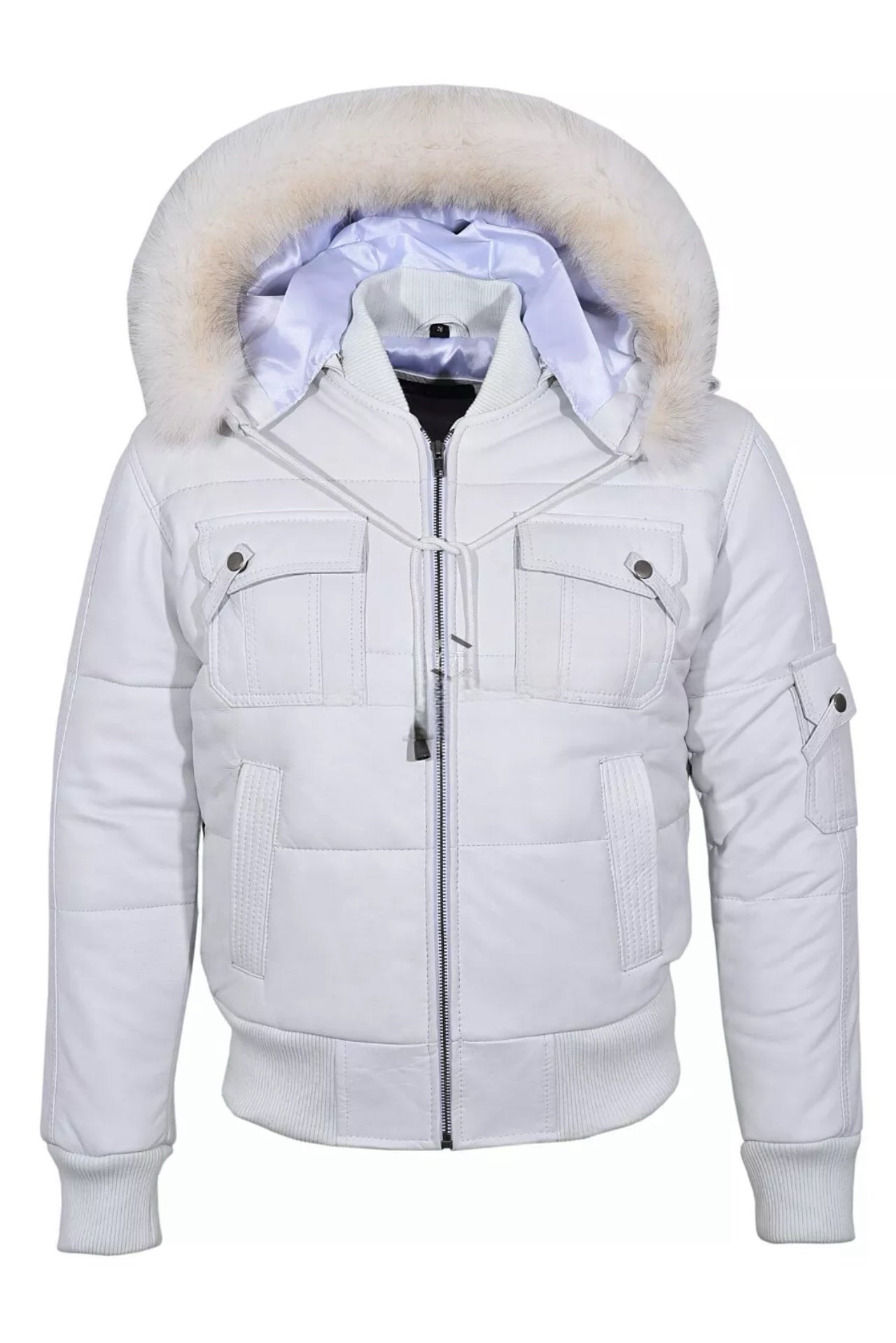 Mens White Hooded Bomber Jacket Puffer 100% Real Classic Leather Pilot 6 Puffer
