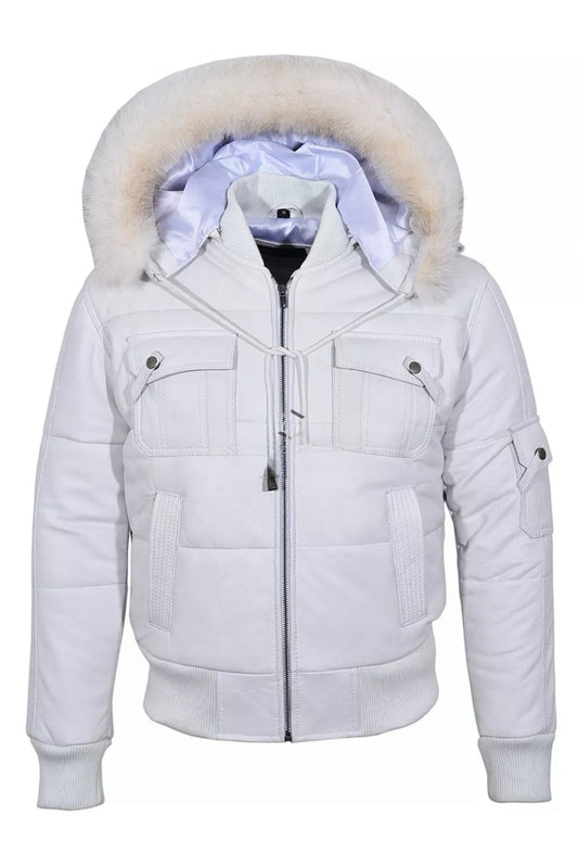 Mens White Hooded Bomber Jacket Puffer 100% Real Classic Leather Pilot 6 Puffer