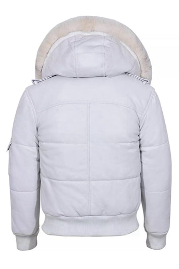 Mens White Hooded Bomber Jacket Puffer 100% Real Classic Leather Pilot 6 Puffer