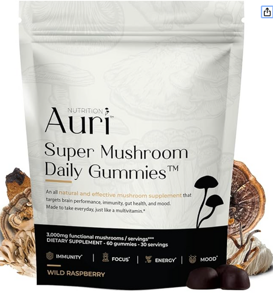 Wholesale Auri Super Mushroom Daily Gummies - All-in-One Daily Mushroom Supplement Gummy - 12 Mushroom Blend with Chaga, Lions Mane, Reishi, Cordyceps - 60 Gummies - 50 PIECE LOT